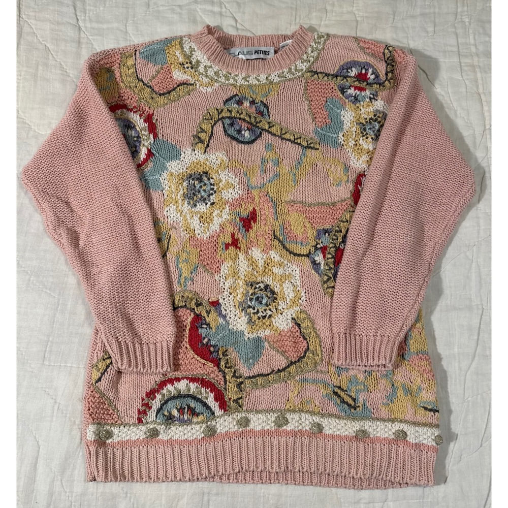 Chaus Petites Vintage Floral Knit Sweater Pink Metallic Accents Size S Petites